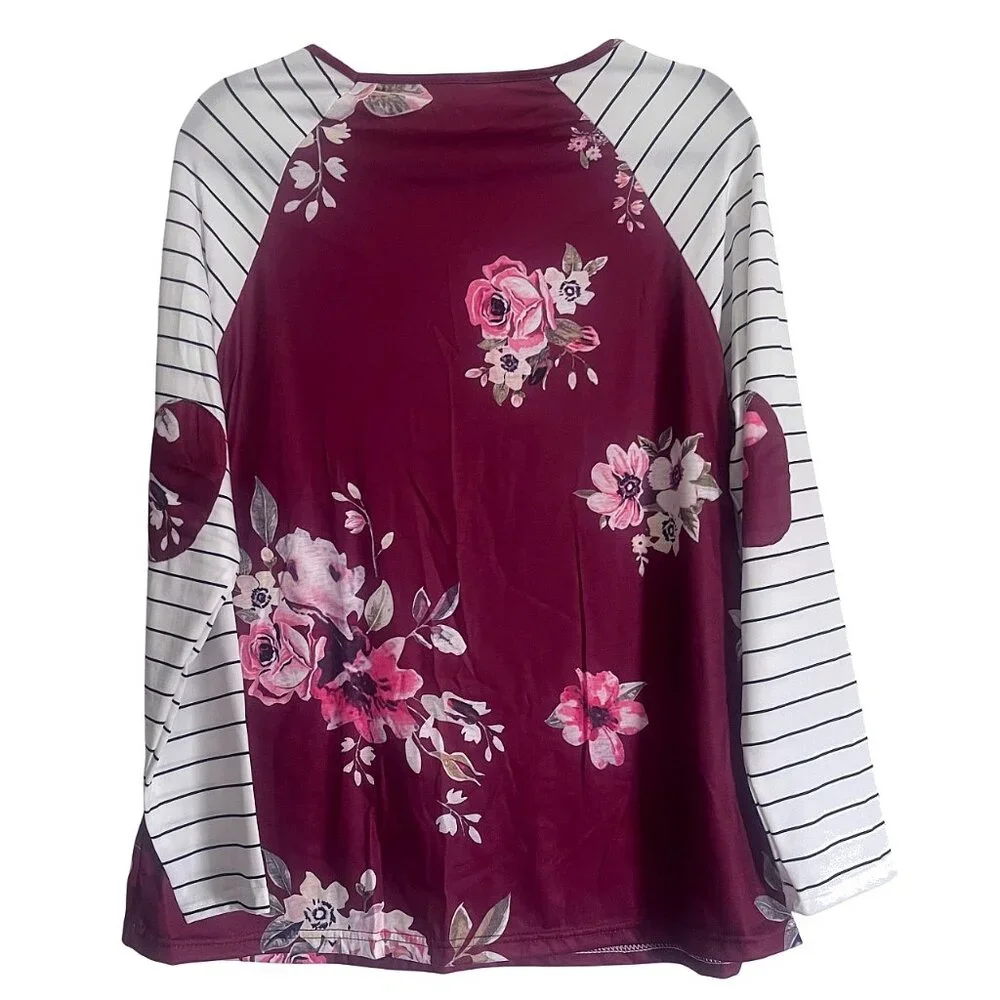 Women's Burgundy Floral Raglan Long Sleeve Top Plus Size T-Shirt Blouse 26W/2XL - Picture 4 of 7